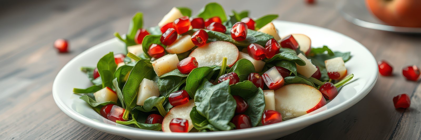 Fresh spinach salad with pomegranate seeds and diced apple on a wooden table